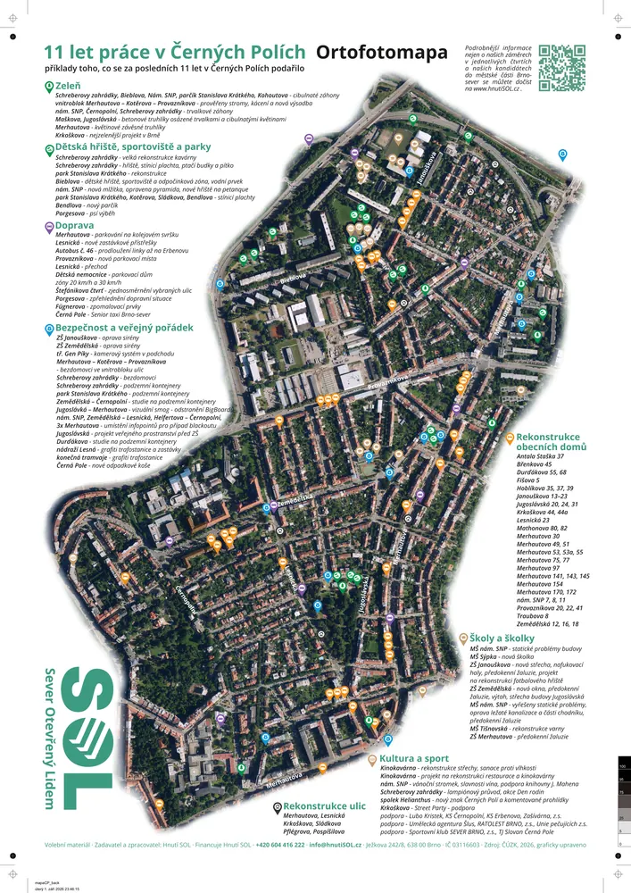 Plakát „11 let práce" — Černá Pole: letecká mapa s vyznačenými místy a jejich výčtem