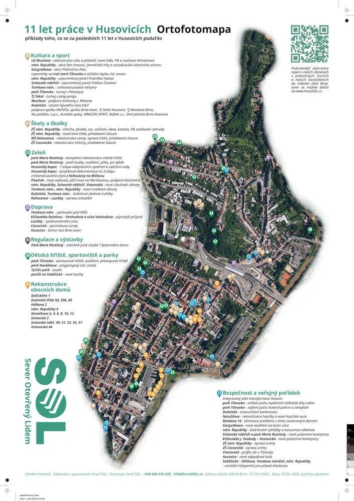 Plakát „11 let práce" — Husovice: letecká mapa s vyznačenými místy a jejich výčtem