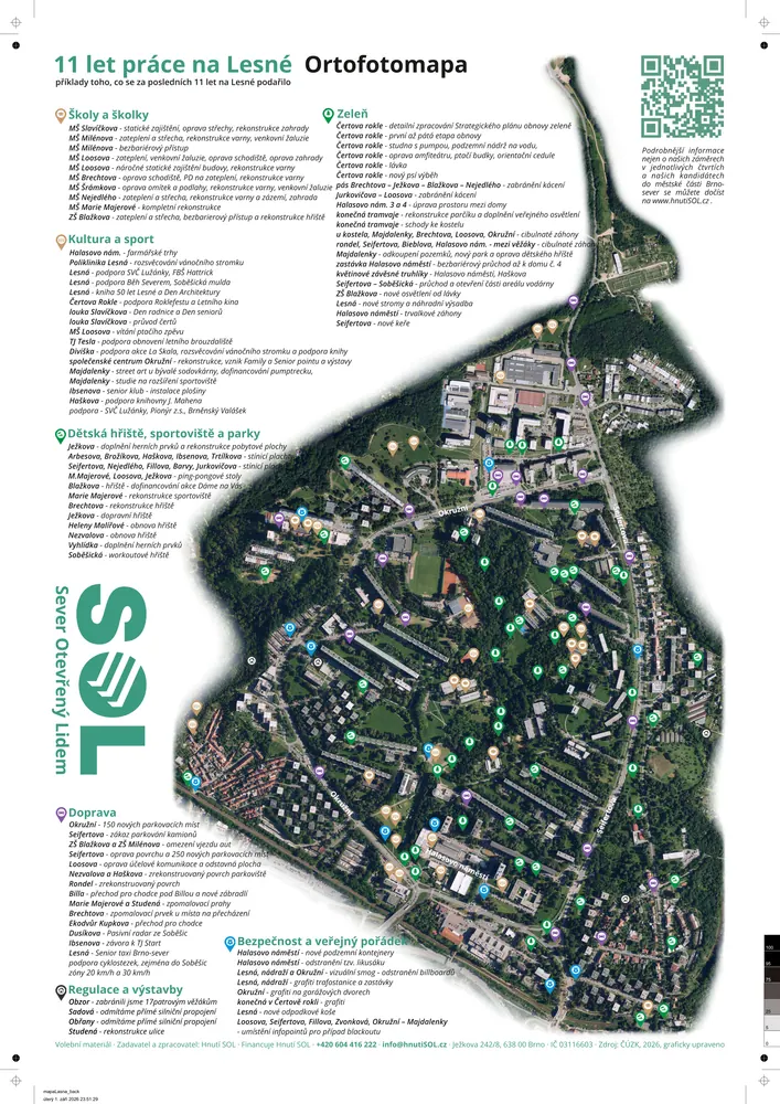 Plakát „11 let práce" — Lesná: letecká mapa s vyznačenými místy a jejich výčtem