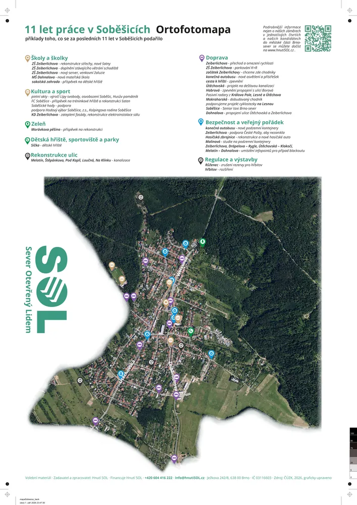 Plakát „11 let práce" — Soběšice: letecká mapa s vyznačenými místy a jejich výčtem