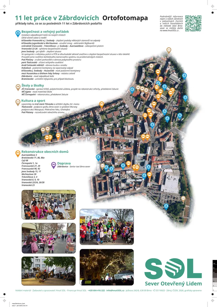 Plakát „11 let práce" — Zábrdovice: letecká mapa s vyznačenými místy a jejich výčtem